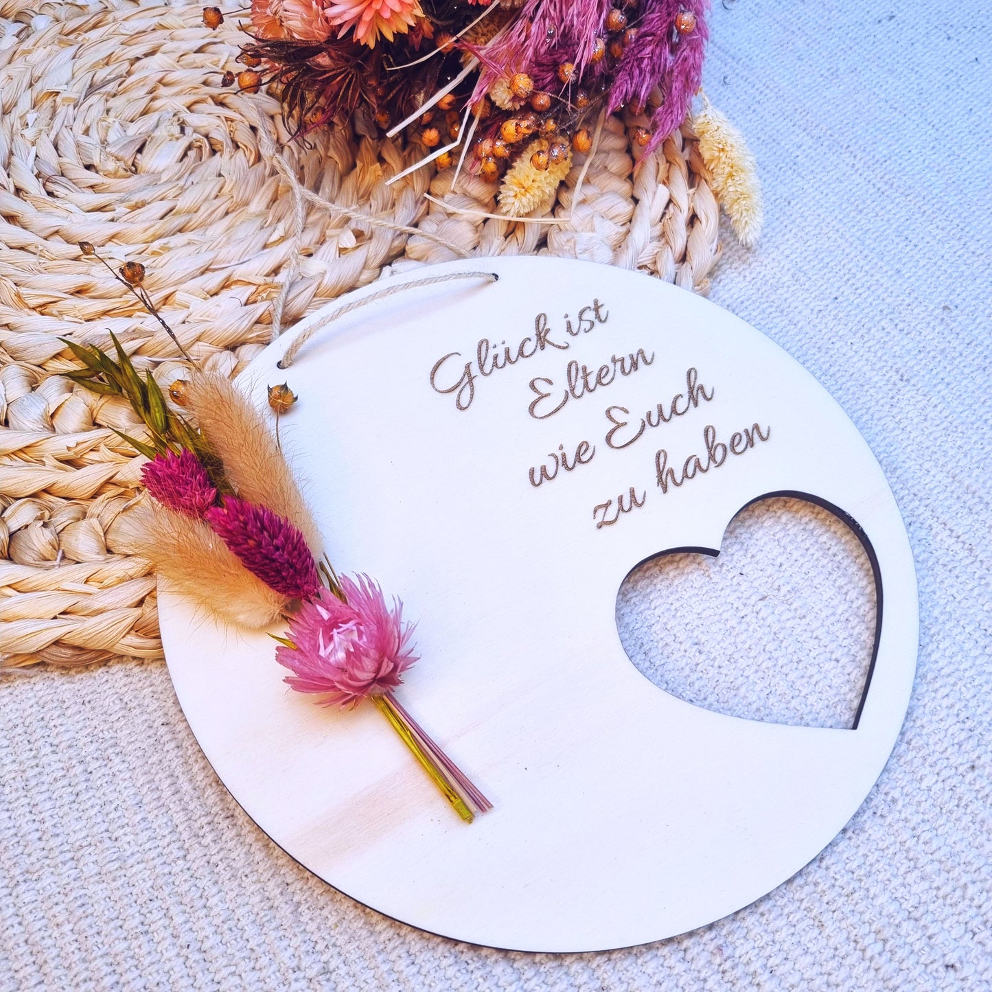 Geschenk für Eltern | personalisiertes Türschild | Türkranz Trockenblumen | Kleines Dankeschön Geschenk | Dankeschön Mama und Papa