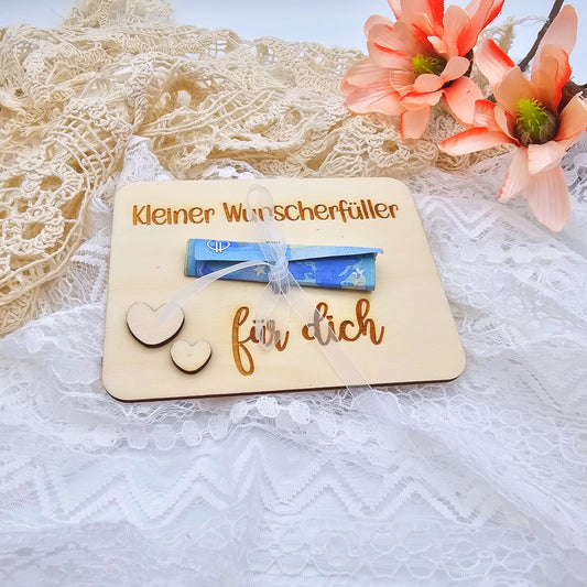 Geldgeschenk personalisiert | kleiner Wunscherfüller | Karte aus Holz | Geldgeschenk Hochzeit | Geburtstagsgeschenk Idee