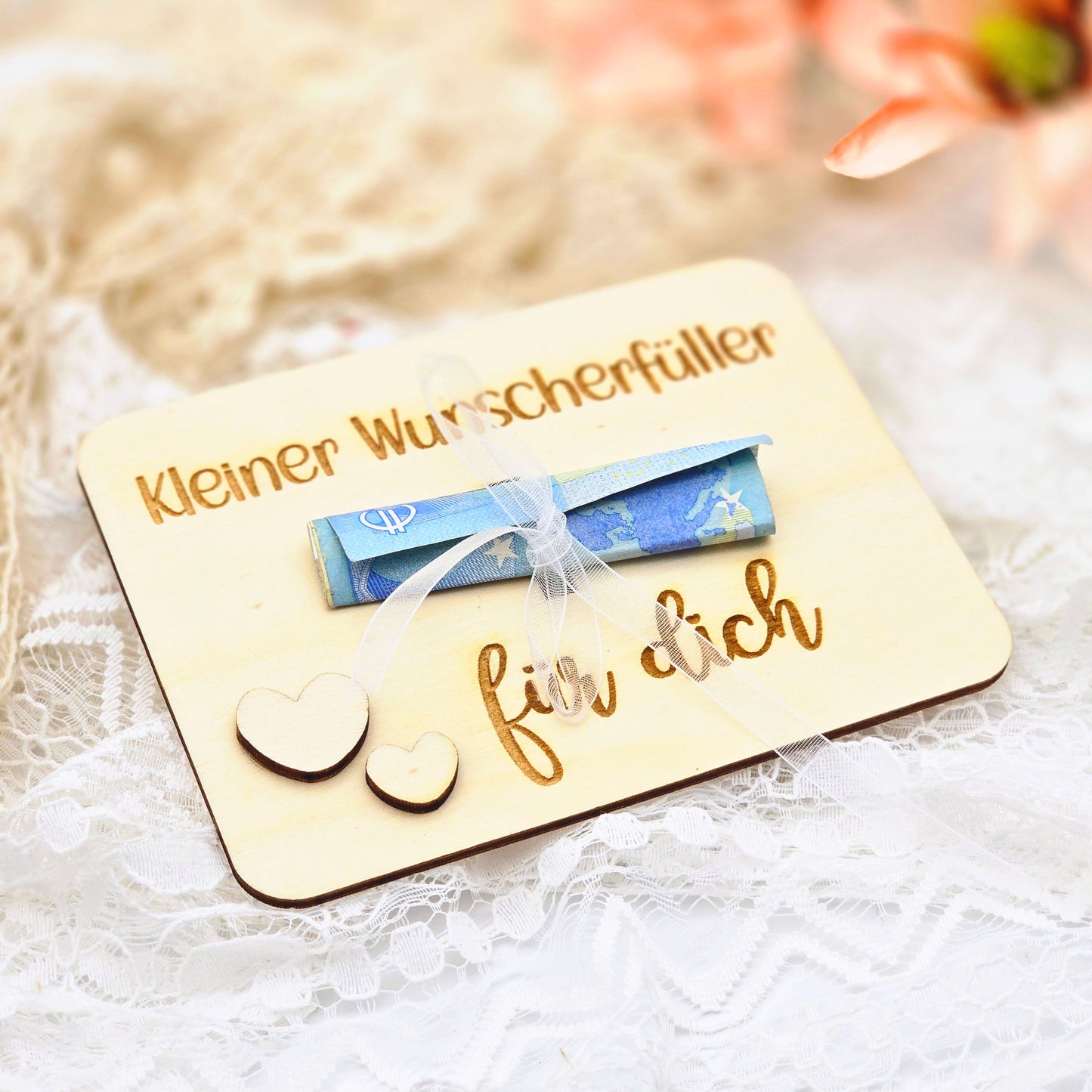 Geldgeschenk personalisiert | kleiner Wunscherfüller | Karte aus Holz | Geldgeschenk Hochzeit | Geburtstagsgeschenk Idee