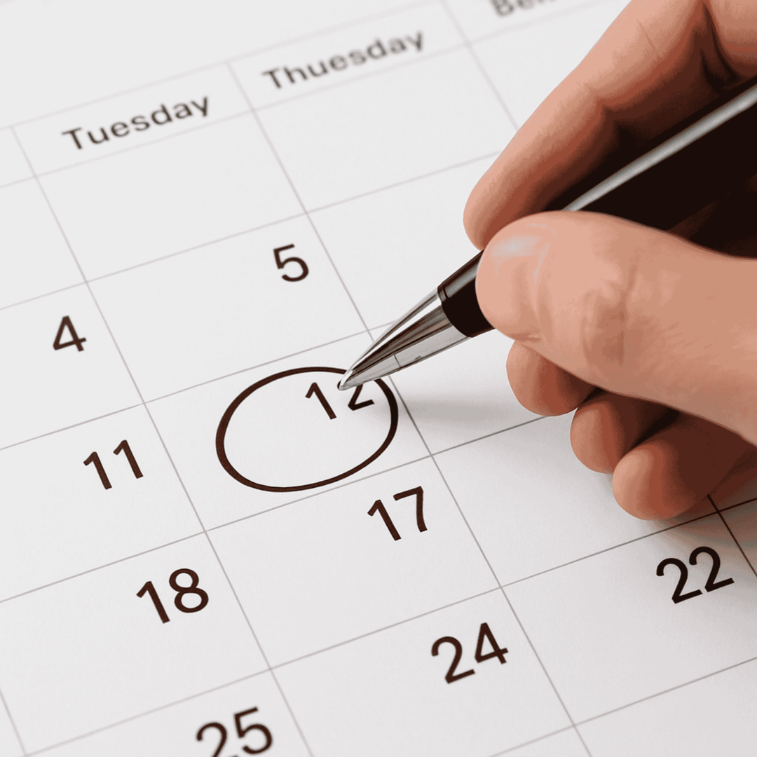 Hand, die ein Datum im Kalender mit einem Stift einkreist – symbolisch für Save-the-Date, Hochzeit planen oder wichtige Termine festhalten.